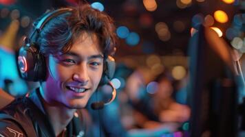 A young Taiwanese man sits on a gaming chair. Using a gaming laptop to play shooting games. He wore a gaming headset and waved his left fist energetically. With a happy and excited expression video