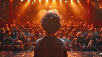 A ten year old child seen from behind on a stage while he or she is entertaining a crowd. The people in the crowd are grown ups and they are laughing a lot video