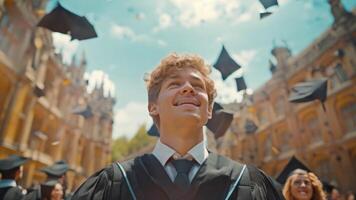 Male student at graduation ceremony Throwing a graduation cap into the air Cambridge University video