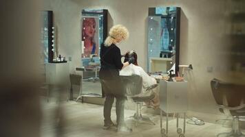 transformateur beauté. professionnel coiffeur crée étourdissant Nouveau Regardez avec expert cheveux coloration pour une magnifique femme. haute qualité 4k métrage video
