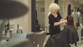 une femelle coiffeur donne une la Coupe de cheveux à une magnifique fille dans une beauté salon. cheveux se soucier, coiffure, beauté procédures. haute qualité 4k métrage video
