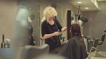 à le beauté salon, une femme est avoir une la Coupe de cheveux à une salon de coiffure rendez-vous. une professionnel coupes une du client cheveux avec ciseaux. haute qualité 4k métrage video