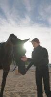 concurso momentos em a rancho. jóquei menina dentro traje expressando amor para animais, acariciando e carinhoso para uma cavalo, estilo de vida cordialidade. Alto qualidade 4k cenas video