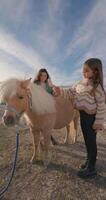 bruka äventyr av Lycklig barn. flickor leende medan tar vård av djur, petting en små häst på en ranch. hög kvalitet 4k antal fot video