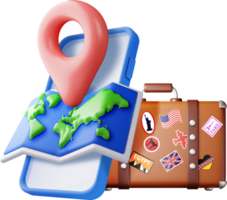 3D vintage travel bag, world map and pin in phone png