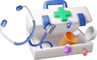 3d first aid kit with stethoscope, pill container png