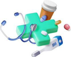 3d first aid kit with stethoscope, thermometer png