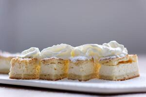 delicious cottage cheese dessert with whipped cream space on top for your restaurant ad cheesecake menu cottage cheese casserole dessert text good backlight delicious appetizing on cake powdered sugar photo