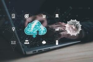 man holding cloud computing diagram show on hand. Data storage.Cloud technology.Secure backup Networking and internet service concept.Implementation storage technology in business. IT support. photo