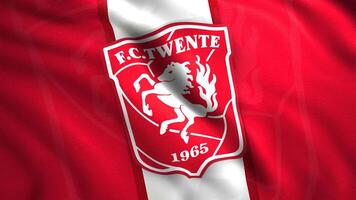 The emblem of FC Twente. Motion . The bright red flag is the symbol of the Dutch football club from Enschede.Use only for editorial. video