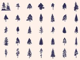 Silhouettes Trees Set, Pine Tree fir pruce cedar white patch alder elm birch ash cypress beech palm tree. vector