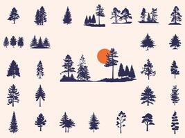 Silhouettes Trees Set, Pine Tree fir pruce cedar white patch alder elm birch ash cypress beech palm tree. vector