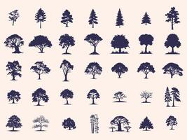 Silhouettes Trees Set, Pine Tree fir pruce cedar white patch alder elm birch ash cypress beech palm tree. vector