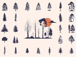 Silhouettes Trees Set, Pine Tree fir pruce cedar white patch alder elm birch ash cypress beech palm tree. vector