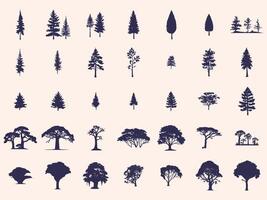 Silhouettes Trees Set, Pine Tree fir pruce cedar white patch alder elm birch ash cypress beech palm tree. vector