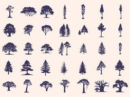 Silhouettes Trees Set, Pine Tree fir pruce cedar white patch alder elm birch ash cypress beech palm tree. vector