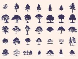 Silhouettes Trees Set, Pine Tree fir pruce cedar white patch alder elm birch ash cypress beech palm tree. vector