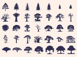 Silhouettes Trees Set, Pine Tree fir pruce cedar white patch alder elm birch ash cypress beech palm tree. vector