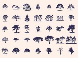 Silhouettes Trees Set, Pine Tree fir pruce cedar white patch alder elm birch ash cypress beech palm tree. vector