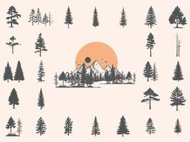 Silhouettes Trees Set, Pine Tree fir pruce cedar white patch alder elm birch ash cypress beech palm tree. vector