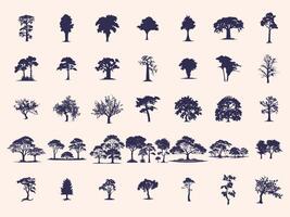 Silhouettes Trees Set, Pine Tree fir pruce cedar white patch alder elm birch ash cypress beech palm tree. vector