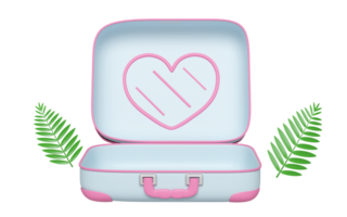 summer travel with open empty suitcase, leaf isolated. 3d illustration render png