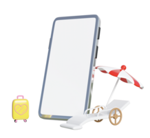 3d mobile Telefono, smartphone con spiaggia sedia, lettino, ombrello, parasole, valigia isolato. estate viaggio concetto, 3d rendere illustrazione png