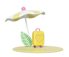 été Voyage avec valise, parapluie, feuille, podium isolé. 3d illustration rendre png