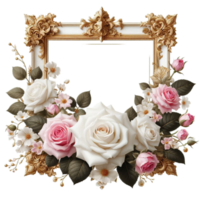 Generated Ai Golden rectangle photo frame intertwined with roses png