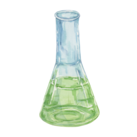 Erlenmeyer conical flask with green transparent liquid. Flat bottom glassware isolated watercolor clipart, Cylinder glassware clipart for educational illustration in school lab, pharmaceutical science png