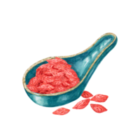 Ceramic asian spoon with dry pile of goji berries. Hand-drawn watercolor clipart of mature licium barbarum fruits. Design for printing, packaging, cards, food supplements isolated on white. png