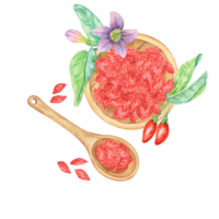 keramisk asiatisk sked med torr och färsk goji bär. ritad för hand vattenfärg ClipArt av röd och grön licium barbarum frukter. design för utskrift, förpackning, kort, mat tillskott isolerat på vit. png