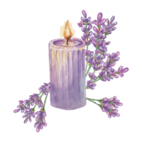 Lavender candle composition for home fragrance. Home spa aromatherapy relaxing watercolor illustration. Hand drawn clipart for beauty, cosmetics, labels, organic products, wellness and packaging png