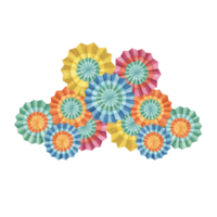 Complex composition from fiesta flowers. Hand drawn isolated watercolor clipart, Mexican paper fans for Cinco de Mayo decoration. Celebration design for packaging, printing, cards, posters, invitation png