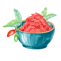 cerâmico tigela com vermelho seco goji bagas.desenhadas à mão aguarela clipart do vermelho e verde Lício barbarum frutas e folhas. Projeto para impressão, embalagem, cartões, Comida suplementos isolado em branco. png