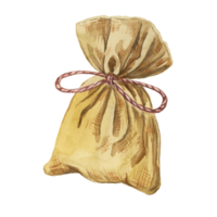 Lavendel Beutel, Zuhause Duft Segeltuch Sack. Aquarell Illustration von Aromatherapie Sackleinen Tasche mit Kräuter und lila Schleife. Cottagecore Clip Art zum Schönheit, Spa, Kosmetika, Etiketten, organisch Produkte png