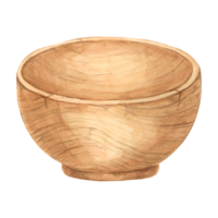 Wooden bowl in watercolor. Hand drawn clipart of empty wooden dishware in rustic style. Design of kitchen utensil for printing, packaging, elements isolated on white background png