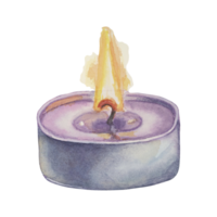 Burning purple tealight. Lavender wax candle for home fragrance. Home spa aromatherapy watercolor illustration. Clipart for beauty, cosmetics, labels design, organic products, wellness, packaging png