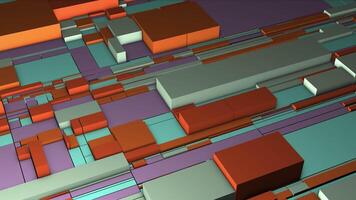 Moving scheme of colorful squares. Motion. 3D map diagram of colorful squares. Lot of colorful squares are moving on distorted surface. Abstract motherboard video