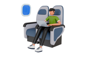 man doing remote work while traveling by plane. Man doing remote working from air plane 3d illustration png