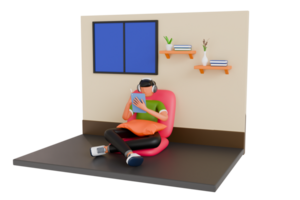 Man sitting on a chair and uses tablet pc. Freelancer working from home 3d illustration png