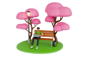 Man Working On The Laptop In Park 3D Illustration. Man Using Laptop In Park 3D Illustration png