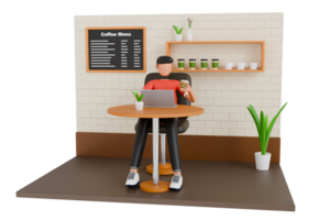 Freelancer Man Working On Laptop In A Cafe 3D Illustration. Man working from a cafe 3d illustration png