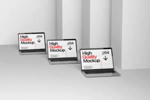 Multiple laptop display on the plaster with wall background psd