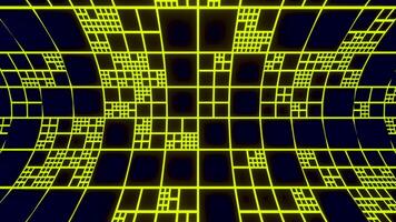 Curved rotating background with grid. Design. Virtual background with moving sect and squares. Virtual grid background with bend in center on black background video