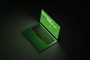Laptop device set on modern background and realistic scene psd