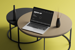 Realistic mockup laptop on the table with minimal background psd