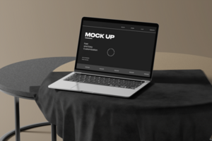 Laptop computer mockup on the desk with minimal scene psd