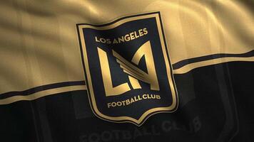 un' agitando bandiera di los angeles fc nel d'oro e nero colori. movimento. americano professionale calcio squadra bandiera. per editoriale uso solo. video