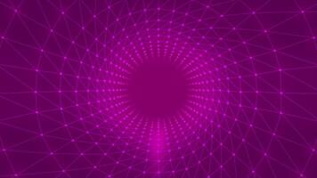 Round corridor with virtual grid. Motion. Centralized tunnel with circular grid in virtual space. Hypnotic tunnel with neon in cyberspace video
